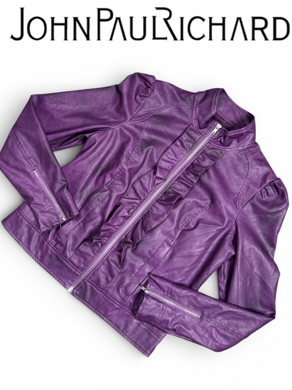 Y2K JOHNPAULRICHARD PURPLE FAUX LEATHER RUFFLE FRONT MOTO JACKET MCBLING